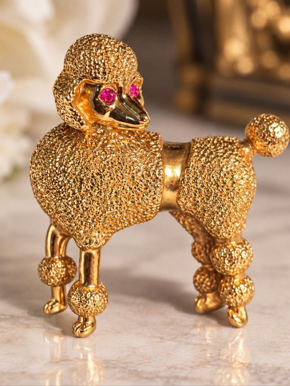 Vintage Gold Tone Poodle Brooch Pin Pink Rhinestone Eyes Textured Fur